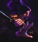  1girl black_coat coat commentary english_commentary highres holding holding_sword holding_weapon imminent_attack long_sleeves looking_ahead nose open_mouth orange_eyes original ponytail purple_background purple_hair serious short_hair short_ponytail solo sword titanartx upper_body weapon 