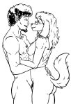 anthro barely_visible_genitalia barely_visible_penis breasts canid canine canis chest_tuft chloe_(style_wager) domestic_dog duo eye_contact eyewear eyewear_only female floppy_ears genitals glasses glasses_only hand_on_butt holding_another hug hugging_another human human_on_anthro hunting_dog interspecies interspecies_romance looking_at_another male male/female mammal monochrome nipples nude penis raised_tail saluki sighthound small_breasts smile smiling_at_another smiling_at_partner style_wager tail tail_motion tailwag tuft wearing_glasses