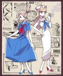  2girls alternate_costume animification blue_dress blue_shoes border breasts brown_border brown_hair cigar commentary dress earrings eddsworld eyebrow_piercing face_piercing flipped_hair full_body grey_eyes hair_ears hand_on_own_hip hat high_heels holding holding_cigar hollow_eyes jewelry keep_(dmswls6145) long_dress long_hair looking_down medium_breasts multiple_girls neckerchief newsprint_background piercing red_nails red_neckerchief red_shoes sailor_collar sailor_dress sailor_hat shoes small_breasts standing tamara_(eddsworld) topknot tori_(eddsworld) white_dress white_hat 