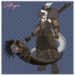 2025 4_fingers abstract_background absurd_res antennae_(anatomy) anthro armor black_boots black_bottomwear black_clothing black_coat black_footwear black_pants black_topwear blue_claws blue_markings boots border bottomwear claws clothed clothed_anthro clothed_male clothing coat colored cute_fangs detailed_clothing digital_drawing_(artwork) digital_media_(artwork) fangs fantasy_weapon final_fantasy final_fantasy_xiv finger_claws fingers flat_colors footwear fully_clothed fully_clothed_anthro fully_clothed_male hi_res hood horn jewelry komuros machine male markings melee_weapon nathugar necklace obscured_eyes pants polearm robot robot_anthro scythe shoes signature simple_background solo square_enix straps synth_(vader-san) tail teeth topwear weapon white_body white_border