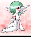  abstract_background anthro blush breasts female gardevoir green_hair hair looking_at_viewer nintendo pok&#233;mon pok&#233;morph pokemon pose red_eyes sitting solo texture_background unknown_artist video_games 