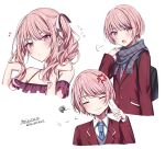  1other aged_down akiyama_mizuki androgynous anger_vein artist_name bag black_bag blue_necktie buttons cheek_pinching closed_eyes closed_mouth collared_shirt commentary do_while02 facing_viewer grey_scarf hand_up hands_up highres lapels long_hair long_sleeves multiple_views musical_note necktie notched_lapels open_mouth pinching pink_eyes pink_hair project_sekai scarf school_uniform shirt short_hair side_ponytail simple_background twitter_username upper_body white_background 