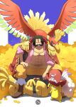  abs artist_logo bird coat coat_on_shoulders coin commentary creature english_commentary epaulettes facial_hair full_body gholdengo gol_d._roger gold gold_coin gold_necklace grin hat hat_feather highres ho-oh jewelry logo mustache necklace one_piece pikachu pirate_hat plume pokemon pokemon_(creature) pokemon_gsc sergiromero short_hair sitting smile thick_mustache treasure 