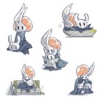 1:1 ambiguous_gender arthropod bench black_body black_eyes blue_cloak blue_clothing bodily_fluids broken_vessel_(hollow_knight) cloak cloak_only clothing cuddling eyes_closed hand_on_head hollow_knight_(franchise) horn infected_(species) lying lying_on_another map melee_weapon moss multiple_poses nail_(weapon) on_front on_lap plant pose resting sitting sitting_on_lap sleeping sleeping_on_another team_cherry the_knight_(hollow_knight) unknown_artist vessel_(species) weapon