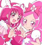  2girls :d antenna_hair bow brooch chest_bow choker closed_mouth color_connection commentary cure_blossom cure_happy curly_sidelocks dress earrings fake_head_wings flower_earrings frilled_wrist_cuffs frills gem hair_bow hair_ornament hanasaki_tsubomi haruzu2000 heart heart_brooch heart_hands heart_hands_duo heartcatch_precure! high_ponytail highres hoshizora_miyuki in-franchise_crossover jewelry long_hair looking_at_viewer low_twintails magical_girl multiple_girls open_mouth parted_bangs pink_bow pink_choker pink_dress pink_eyes pink_gem pink_hair pink_theme pink_wrist_cuffs ponytail precure puffy_short_sleeves puffy_sleeves short_sleeves simple_background smile smile_precure! tiara twintails two-tone_dress upper_body very_long_hair white_background white_dress white_tiara wrist_cuffs 
