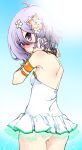  1girl antenna_hair ass back blue_sky blush casual_one-piece_swimsuit commentary_request elf embarrassed flower frilled_one-piece_swimsuit frills from_behind hair_flower hair_ornament highres kokkoro_(princess_connect!) kokkoro_(summer)_(princess_connect!) kuromasa_shisei looking_at_viewer looking_back one-piece_swimsuit pointy_ears princess_connect! purple_eyes sky solo sun swimsuit white_one-piece_swimsuit 