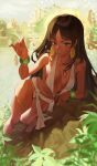  1girl black_eyes black_hair bracelet breasts chel_(el_dorado) commentary dark-skinned_female dark_skin english_commentary highres hymin jewelry long_hair navel on_rock parted_lips pelvic_curtain revealing_clothes solo the_road_to_el_dorado 