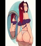  1girl absurdres ass ass_focus blue_eyes breasts dressing freckles from_behind from_side gradient_hair hair_intakes highleg highleg_panties highres indoors large_breasts long_hair looking_back mirror multicolored_hair multiple_views off-shoulder_shirt off_shoulder original panties parted_bangs pout purple_shirt raichiyo33 red_hair shirt sidelocks solo standing straight_hair underwear white_background 