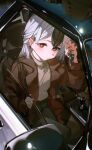 1girl absurdres ayu_(user_xkhp7843) black_hair black_pants blue_archive blush brown_coat car closed_mouth coat ear_piercing grey_shirt highres kayoko_(blue_archive) long_hair looking_at_viewer motor_vehicle multicolored_hair pants piercing red_eyes shirt sitting solo turtleneck turtleneck_shirt two-tone_hair white_hair 