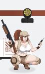  1girl absurdres belt boots breasts brown_belt brown_boots brown_hair brown_hat brown_shorts brown_vest cleavage collarbone commentary crop_top dosdual facing_viewer field_cap finger_on_trigger fio_germi glasses goddess_of_victory:_nikke gun hat highres holding holding_gun holding_weapon knee_pads large_breasts machine_gun meme metal_slug midriff navel nikke's_shooting_pose_(meme) parted_lips ponytail round_eyewear short_shorts shorts sideways_glance socks solo squatting tank_top target vest weapon white_socks white_tank_top 