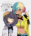  2girls bad_id bad_twitter_id bandeau black_dress black_hair blonde_hair blue_gloves blue_hair blue_nails blush canari_(pokemon) closed_mouth coat commentary_request cropped_jacket dark-skinned_female dark_skin dress eyelashes gloves gwynn_(pokemon) han0579 hand_on_another's_head hat heart highres jacket long_sleeves looking_at_another mask mask_pull mega_stone midriff mouth_mask multicolored_hair multicolored_nails multiple_girls multiple_views navel open_clothes open_coat open_jacket partially_fingerless_gloves pokemon pokemon_legends:_z-a purple_hair short_hair sketch_inset smile split-color_hair twintails two-tone_nails white_coat yellow_bandeau yellow_jacket yellow_nails yuri 