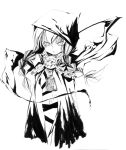  1girl braid chain cloak commentary_request curse_maker curse_maker_2 expressionless flat_chest greyscale hood hood_up hooded_cloak kuromasa_shisei looking_at_viewer medallion monochrome sekaiju_no_meikyuu sketch solo twin_braids 