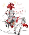 1girl 2026 adapted_costume belt centaur chinese_zodiac commentary_request drill_hair drill_sidelocks from_behind grey_skirt headset holding holding_microphone horse_tail idol idol_clothes kasane_teto leg_up leg_wrap looking_at_viewer medium_hair microphone monsterification nejikyuu number_tattoo red_eyes red_hair red_trim ribbon side_drill sidelocks signature skirt smile solo synthesizer_v tail tail_belt tattoo taur twin_drills twintails twitter_username utau watermark white_background white_ribbon year_of_the_horse 