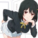  1girl black_hair black_jacket blush closed_mouth collared_shirt commentary_request hand_on_own_chin jacket long_sleeves looking_at_viewer love_live! love_live!_nijigasaki_high_school_idol_club mifune_shioriko neck_ribbon nijigasaki_school_uniform plaid_clothes plaid_skirt pleated_skirt red_eyes ribbon school_uniform shirt short_hair skirt skt_(ryxxxxx) smile solo split_mouth white_shirt white_skirt winter_uniform yellow_ribbon 