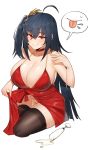  1girl ahoge azur_lane bare_shoulders black_hair black_legwear breasts champagne_flute cleavage closed_mouth cocktail_dress collarbone cup dress dress_pull drinking_glass erect_nipples eyebrows_visible_through_hair fingernails hair_between_eyes hair_ornament highres huge_breasts long_hair looking_at_viewer no_panties pulled_by_self raban2950 red_dress red_eyes simple_background sitting smile taihou_(azur_lane) thick_thighs thighhighs thighs very_long_hair white_background 