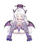  1girl ahoge black_halo blue_archive blush bound commentary_request cuffs demon_girl demon_horns demon_wings halo handcuffs highres hina_(blue_archive) horns long_hair looking_at_viewer low_wings okazakileo open_mouth panties restrained roller_skates simple_background sitting skates solo underwear very_long_hair white_background white_hair white_panties wings 