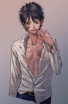  1boy arm_at_side belt belt_buckle black_eyes black_hair blood blood_from_mouth blood_on_face blood_on_hands blue_pants brown_belt bruise bruise_on_chest bruise_on_face buckle cigarette_burn collarbone collared_shirt commentary_request cropped_legs earrings film_grain fingernails gold_earrings grey_background hair_between_eyes hand_up highres hoop_earrings injury jewelry long_sleeves looking_at_viewer male_focus multiple_earrings multiple_piercings nosebleed omanjumaturi1 pants partially_unbuttoned reverse_ryona shirt shirt_partially_tucked_in short_hair silver_earrings solo tennis_no_ouji-sama white_shirt wispy_bangs zaizen_hikaru 