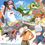  1boy 2girls belt blue_eyes blush bow breasts brock_(pokemon) brown_hair building closed_eyes closed_mouth cloud commentary dated day double_bun gen_1_pokemon gen_5_pokemon hand_on_hip hand_on_own_chin highres long_hair misty_(pokemon) multiple_girls navel official_art onix open_mouth orange_hair petals pink_bow pokemon pokemon_(creature) pokemon_(game) pokemon_masters raglan_sleeves rosa_(pokemon) shirt short_hair shorts side_ponytail sky smile snivy starmie teeth tongue twintails upper_teeth visor_cap watermark yellow_shorts 
