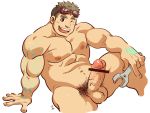  1boy abs bar_censor bara blush brown_hair censored chest completely_nude cowboy_shot erection kirupi kurogane_(tokyo_houkago_summoners) male_focus muscle nipples nude penis short_hair simple_background solo testicles thick_eyebrows thick_thighs thighs tokyo_houkago_summoners 