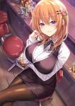  1girl bangs bar bartender blush bow bowtie breasts brown_hair crossed_legs cup drinking_glass eyebrows_visible_through_hair gochuumon_wa_usagi_desu_ka? hair_between_eyes hair_ornament hairclip highres holding hot_chocolate hoto_cocoa ks_(xephyrks) long_hair long_sleeves looking_at_viewer older pantyhose purple_eyes shirt sitting skirt smile solo vest 