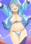  1girl arms_up ass_visible_through_thighs bikini blue_bikini blue_hair blue_jacket blue_sky breasts cleavage closed_eyes cowboy_shot day facing_viewer front-tie_bikini front-tie_top happy jacket medium_breasts navel open_mouth outdoors piyodesu sky smile solo splashing standing stomach summer swimsuit tatara_kogasa thigh_strap touhou wet 