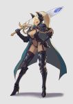  1girl absurdres armor armored_boots black_legwear blonde_hair blue_cape boots breasts cape cleavage commentary_request contrapposto full_body garter_straps gauntlets greatsword greaves grey_background hair_over_one_eye hand_on_hip hand_up high_heel_boots high_heels high_ponytail highres holding holding_sword holding_weapon joker.z large_breasts legs_apart long_hair looking_at_viewer navel original over_shoulder revealing_clothes shoulder_armor solo standing stomach sword sword_over_shoulder thigh_boots thighhighs weapon weapon_over_shoulder 