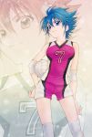  1girl aizen_(syoshiyuki) bare_shoulders blue_eyes blue_hair collarbone commentary cowboy_shot elbow_pads gym_shirt gym_shorts hair_between_eyes hand_on_hip highres knee_pads nishijima_waon precure projected_inset shirt short_hair short_shorts shorts sleeveless sleeveless_shirt smile solo sportswear suite_precure volleyball volleyball_uniform zoom_layer 