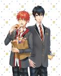  2boys :d bag black_hair blazer blue_eyes copyright_request doughnut food grey_blazer highres jacket male_focus mouth_hold multiple_boys necktie nyan5000 open_mouth pants plaid plaid_pants pudding red_hair red_neckwear school_uniform shopping_bag smile standing white_background yellow_eyes 