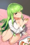  1girl 92m bed bed_sheet bottomless breasts c.c. cleavage code_geass collarbone eyebrows_visible_through_hair food green_hair highres holding holding_food holding_pizza long_hair looking_at_viewer naked_shirt no_bra pizza pizza_box pizza_slice shirt sidelocks sitting solo white_shirt yellow_eyes yokozuwari 