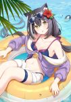  1girl animal_ears bikini black_hair blurry breasts cat_ears cleavage depth_of_field eyewear_on_head fei_(songyijie) flower green_eyes hair_between_eyes hair_flower hair_ornament head_tilt highleg highleg_bikini highres innertube karyl_(princess_connect!) long_hair looking_at_viewer low_twintails multicolored_hair navel open_pants parted_lips princess_connect! princess_connect!_re:dive reclining short_shorts shorts sidelocks small_breasts solo streaked_hair sunglasses swimsuit thigh_strap twintails very_long_hair water weibo_username 