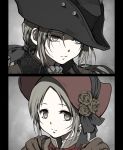  2girls bangs black_headwear bloodborne bonnet brown_eyes brown_flower close-up closed_mouth commentary_request face flower frown grey_background hair_ribbon hat hat_flower highres lady_maria_of_the_astral_clocktower long_hair looking_at_viewer low_ponytail multiple_girls parted_bangs plain_doll ponytail ribbon rose shimoda_masaya short_hair spoilers 