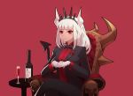  1girl absurdres alcohol armchair bangs black_pants blunt_bangs blush bottle breasts chair closed_mouth commentary_request crossed_legs crown cup demon_girl demon_horns demon_tail drinking_glass gloves helltaker highres horns joker.z large_breasts long_hair long_sleeves looking_at_viewer lucifer_(helltaker) mole mole_under_eye on_chair own_hands_together pants red_background red_eyes red_shirt red_wine shirt simple_background sitting solo table tail white_gloves white_hair white_horns wine wine_bottle wine_glass 
