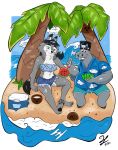 absurd_res anthro belly bottomwear canid canine canis chubby_male clothing common_hippopotamus domestic_dog duo eating english_text female henry_the_hipo henrytoons hi_res hippopotamid island jeans male male/female mammal navel pants romantic_couple rudine_the_wolf short_jeans summer swimwear text toony vacation wolf 