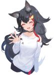  1girl animal_ear_fluff animal_ears black_hair blush breasts crying hair_ornament hairclip hand_up happy_tears hololive izumi_sai long_hair multicolored_hair ookami_mio open_mouth red_hair simple_background smile solo streaked_hair tail tears virtual_youtuber wolf_ears wolf_tail 