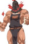  1boy ^_^ abs apron bara chest chest_hair closed_eyes cowboy_shot cum fire glass glowing glowing_eyes helmet highres kirupi male_focus muscle naked_apron nipples pectorals red_eyes simple_background solo surtr_(tokyo_houkago_summoners) thick_thighs thighs tokyo_houkago_summoners 