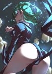  1girl animahakim arched_back ass black_dress commentary curly_hair dress english_commentary flipped_hair floating_rock from_behind green_eyes green_hair highleg highleg_dress highres looking_back no_panties one-punch_man pointing pointing_forward short_hair side_slit solo tatsumaki telekinesis 