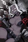  1girl armband bangs belt belt_buckle black_belt black_horns blood breasts buckle chain cleavage collarbone commentary dark_skin demon_girl demon_horns demon_tail fangs gauntlets grey_skin helltaker highres horns jacket judgement_(helltaker) large_breasts long_hair looking_at_viewer navel open_mouth ponytail revealing_clothes robot_cat short_shorts shorts smile solo stomach tail teeth thighs weapon white_eyes white_hair 