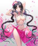  1girl armpits arms_up bangs bare_shoulders bikini black_hair blush bracelet braid breasts chest_tattoo cleavage facial_mark fate/grand_order fate_(series) flower forehead_mark hair_flower hair_ornament jewelry large_breasts long_hair looking_at_viewer multicolored_hair navel necklace noz_illust parted_bangs pearl_bracelet pearl_necklace pink_hair sarong seashell_necklace sesshouin_kiara sesshouin_kiara_(swimsuit_mooncancer)_(fate) smile streaked_hair swimsuit tattoo thighs twin_braids very_long_hair white_bikini yellow_eyes 