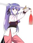  1girl chinese_clothes hair_bun highres holding holding_sword holding_weapon ichirogi long_hair looking_up pants purple_eyes purple_hair ranma_1/2 red_pants shampoo_(ranma_1/2) solo sword weapon white_background 