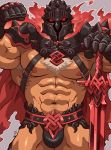  1boy abs bara bulge chest chest_hair chest_harness cowboy_shot fire flexing glowing glowing_eyes helmet highres kirupi male_focus muscle nipples pectorals pose red_eyes revealing_clothes simple_background solo surtr_(tokyo_houkago_summoners) thick_thighs thighs tokyo_houkago_summoners 