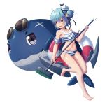  1girl absurdres arthur_ko bikini blue_hair dixie_cup_hat double_bun flat_chest full_body hat highres holding holding_mop kantai_collection lifebuoy little_blue_whale_(kantai_collection) military_hat mop navel official_alternate_costume samuel_b._roberts_(kantai_collection) short_hair solo striped striped_bikini swimsuit whale white_bikini white_headwear yellow_eyes 