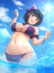  1girl :d animal_ears arm_up azur_lane bangs bare_shoulders bikini black-framed_eyewear black_hair blue_eyes blue_hair blue_nails blue_sky blunt_bangs blush breasts cat_ears cheshire_(azur_lane) cheshire_(summery_date!)_(azur_lane) cleavage cloud commentary_request day detached_collar eyewear_on_head fang flower frilled_bikini frills from_below hair_flower hair_ornament highres kirifrog large_breasts lens_flare looking_at_viewer looking_down multicolored_hair nail_polish navel open_mouth outdoors purple_bikini purple_flower purple_ribbon ribbon skin_fang sky smile solo splashing stomach strapless strapless_bikini streaked_hair sun sunglasses swimsuit two-tone_hair wading water wrist_ribbon 