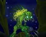  3_fingers air_bubbles ambiguous_gender anthro armor arthropod back_spikes barraki bionicle biped blue_eyes bubble claws deterex525 digital_drawing_(artwork) digital_media_(artwork) ehlek electricity fingers green_body green_skin head_spikes hi_res humanoid insect lego long_claws looking_at_viewer machine mandibles marine melee_weapon robot sharp_teeth simple_background solo spikes spikes_(anatomy) standing teeth underwater water weapon 