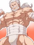  1boy abs bara beard chest cowboy_shot facial_hair fundoshi granblue_fantasy highres japanese_clothes kirupi long_hair male_focus manly muscle mustache nipples pectorals scar shirtless simple_background solo soriz thick_thighs thighs veins 