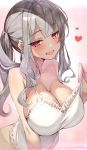  1girl bangs blush breasts camisole cleavage collarbone heart highres large_breasts long_hair looking_at_viewer open_mouth original osa_(osaosa) red_eyes side_ponytail sidelocks silver_hair smile solo strap_pull 