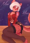 anthro bell bottomwear breasts clothed clothing english_text felid female hair hi_res jingle_bell legwear leopard mammal mcl one_eye_closed pantherine red_eyes shorts text thigh_highs white_hair 