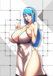  1girl absurdres bangs bare_shoulders blue_hair breasts cleavage covered_navel curvy dress hairband halterneck harstfazn highres huge_breasts large_breasts long_hair original panty_straps pink_lips red_eyes rina_atherina smile standing thighs w white_babydoll white_dress white_hairband 