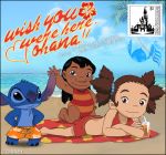  2012 alien beach black_border black_eyes blue_nose border bottomwear brown_eyes chest_tuft child claws clothing cup dark_skin disney english_text experiment_(lilo_and_stitch) eyelashes female fingers hair haisai-dbarenzu head_tuft human lilo_and_stitch lilo_pelekai male mammal notched_ear pigtails sand seaside semi-anthro shorts stitch! stitch_(lilo_and_stitch) swimwear text toe_claws towel tuft water young yuna_kamihara 