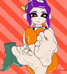  5_toes animal_humanoid azure_(star) barefoot blush boots cephalopod cephalopod_humanoid clothed clothing colored_nails digital_media_(artwork) feet female foot_focus footwear hi_res humanoid humanoid_feet humanoid_pointy_ears looking_at_viewer marine marine_humanoid mollusk mollusk_humanoid nails nintendo octarian octoling pseudo_hair purple_eyes purple_nails signature simple_background smile soles solo splatoon tentacle_hair tentacles toes video_games 