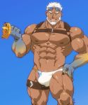 1boy abs aegir_(tokyo_houkago_summoners) bara beard blue_eyes bulge chest chest_harness cowboy_shot crown_removed dark_skin dark_skinned_male facial_hair highres jewelry kirupi looking_at_viewer male_focus male_swimwear manly muscle nipples pectorals shirtless short_hair simple_background single_earring solo stubble swim_briefs swimwear thick_thighs thighs tokyo_houkago_summoners white_hair 